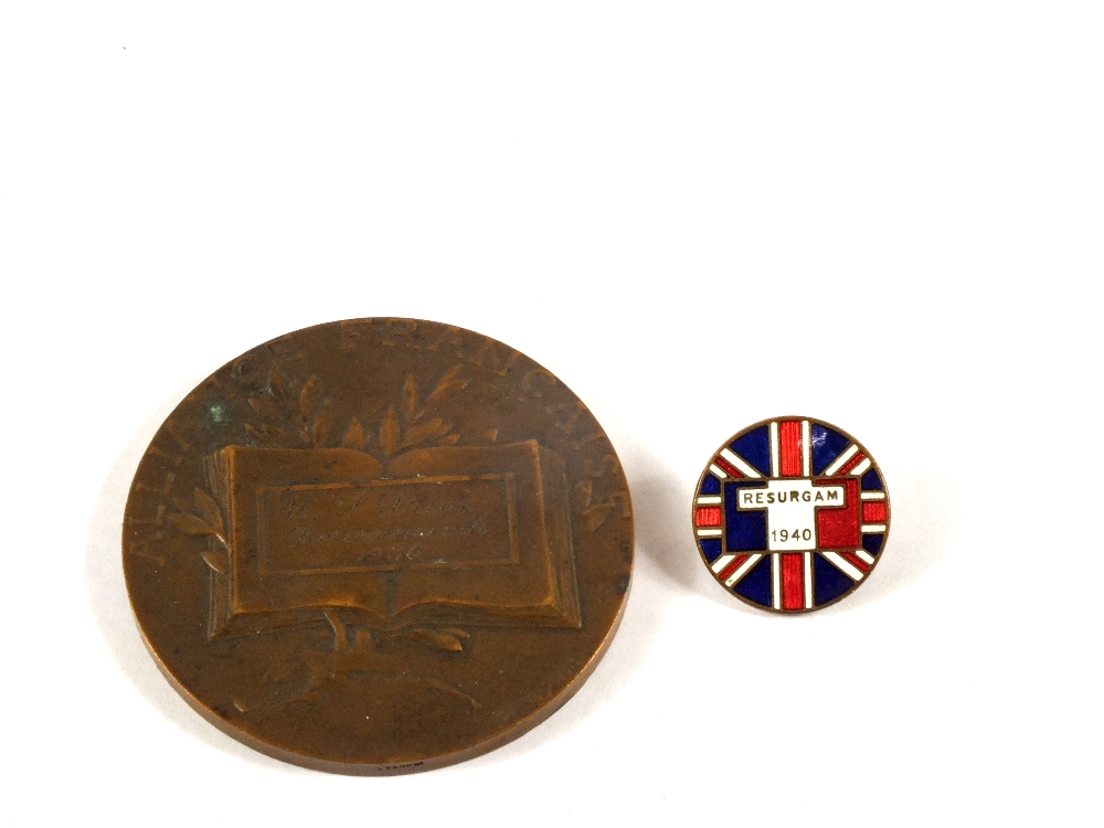 A WWII era 'British Free French' numbered enamel membership lapel badge (Resurgam 1940) with a 1936