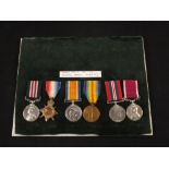 A military medal 1915 trio, WWII War medal and GEV Army Long Service medal all to 17887 WO F.G.
