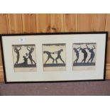 Three Art Deco photo silhouettes of dancing figures in one frame, signed A.G.