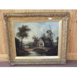 A gilt framed oil on canvas of a mill house and pond scene,