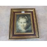 A gilt framed picture of the head and shoulders of a child,