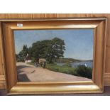 An indistinctly signed dated 1889 oil on canvas of a countryside landscape with three figures