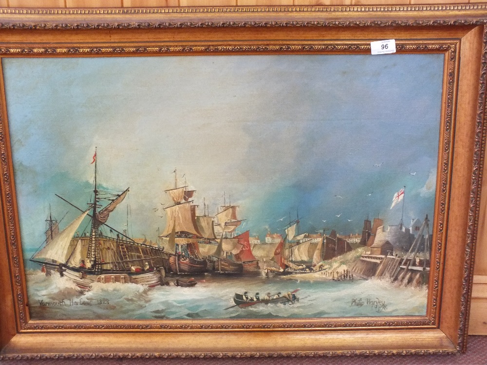 Phillip Harvey, oil on board of Great Yarmouth harbour in 1828, dated 1976,