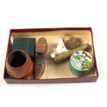 A wooden shoe snuff box and other items