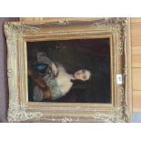 An unsigned oil on canvas of a seated lady,