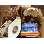 A pottery horse and wood cart plus other items