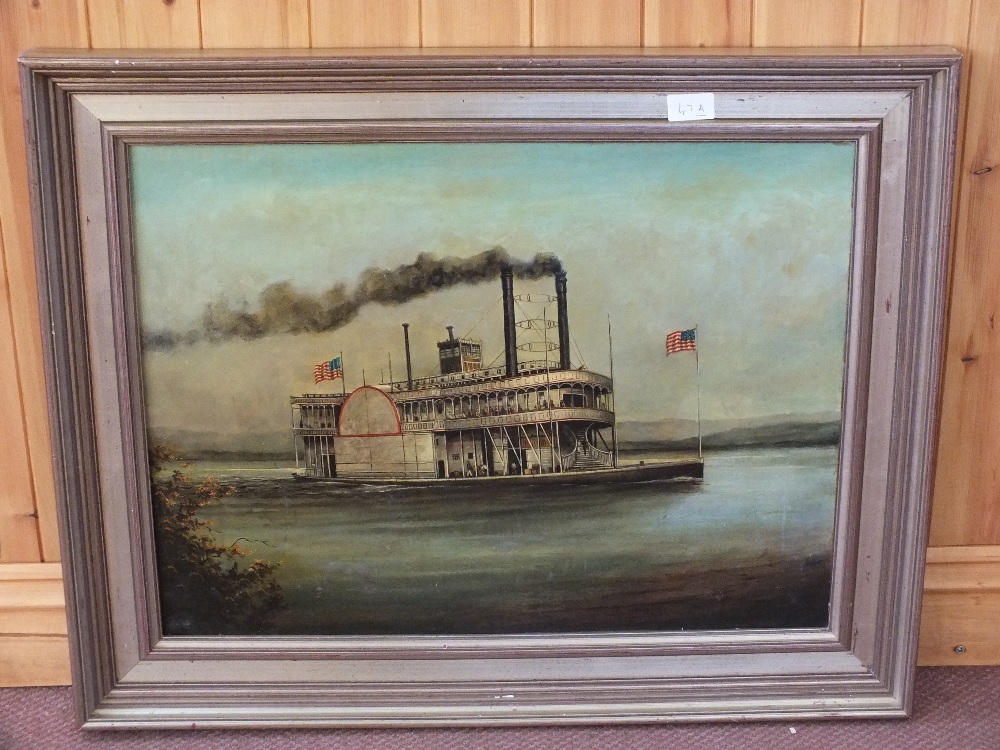An oil on canvas of a Mississippi river paddleboat,