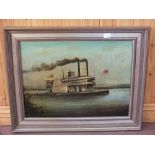 An oil on canvas of a Mississippi river paddleboat,