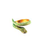 An 18ct Gold green enamelled ring in the form of a snake with Diamond set eyes,