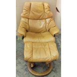 A single Stressless light brown leather recliner with matching footstool