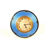 A Silver and blue guilloche enamel desk clock,