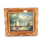 A pair of oils on board of sail and rowing boats on rough seas,