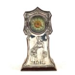 A Silver Art Nouveau clock of mother and child collecting flowers with enamel dial,