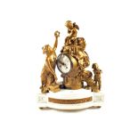 A white marble striking mantel clock with gilt metal lady and cherub mounts,