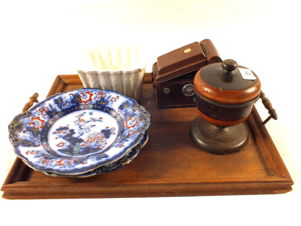 A pair of Victorian Flow Blue plates, a Victorian china jelly mould,