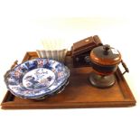 A pair of Victorian Flow Blue plates, a Victorian china jelly mould,