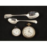 A Silver pocket watch plus one other and two Silver spoons