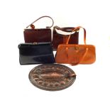 Four leather handbags plus Arts and Crafts Copper wall sconces