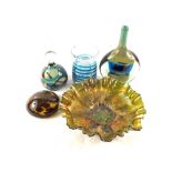 Four pieces of Medina glass including lollipop vase and a Carnival glass bowl