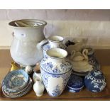 A box of various china to include blue and white meat plates, souvenir china,