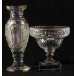 A 19th Century heavy cut glass bowl on square base and a heavy cut glass vase