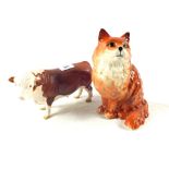 A Beswick Cat 1867 plus a brown and white bull