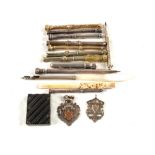 Various Silver and other metal propelling pencils, two Silver watch fobs,