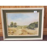 Three framed prints and an oil on board of a summer harvest scene by J.