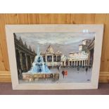 An oil on canvas of an Italian town square, indistinct signature,