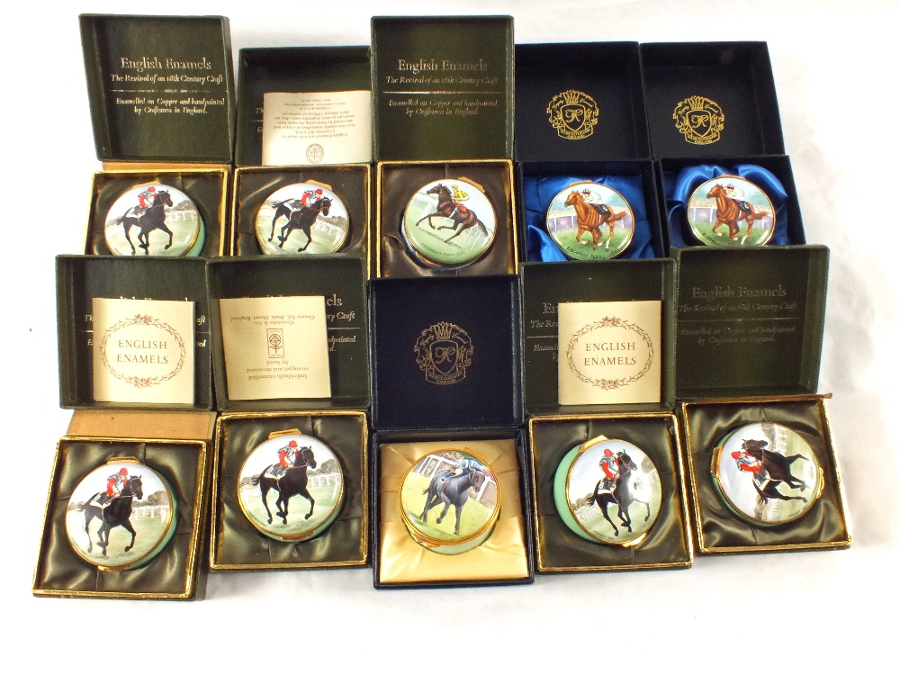 Boxed English enamels horseracing boxes, Habibti 1983 (6),