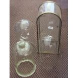 Two glass domes and a dome top display case (one missing glass) plus a bell jar