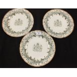 Three 19th Century Spode green floral armorial plates with double unicorn and motto,