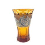 A 19th Century Bohemian amber cut glass tapered vase with gilt painted rural scenes,