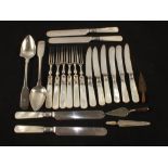 Various Silver plated and Mother of Pearl cutlery plus three bookmarks