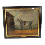 Oil on canvas of a horse, rider and stable scene, frame label David Dalby Op 1780-1849,