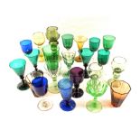 Various mainly 19th Century coloured wine glasses, blue, green,