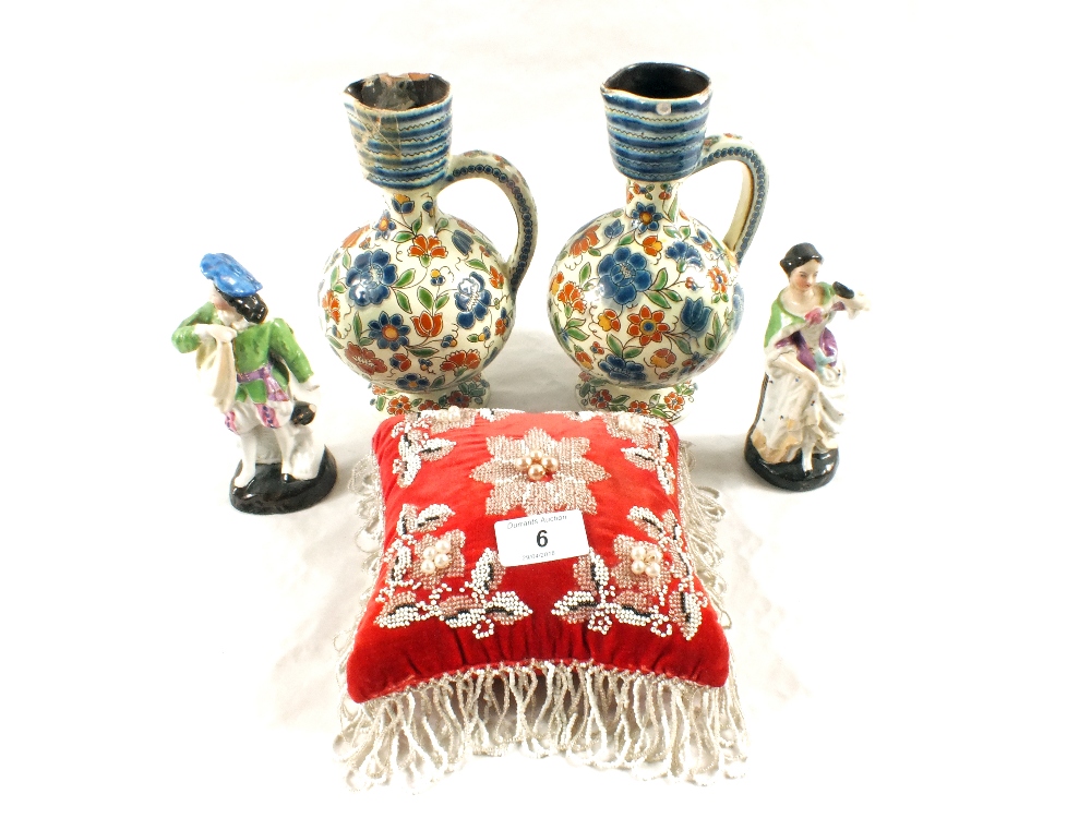 A beaded pin cushion and various china