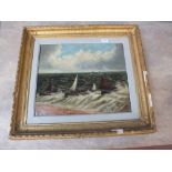 Oil on canvas of fishing vessels near beach, label verso G.