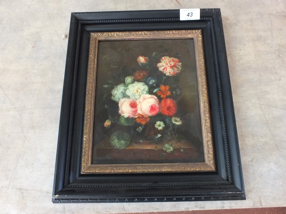 Oil on panel of a floral still life,