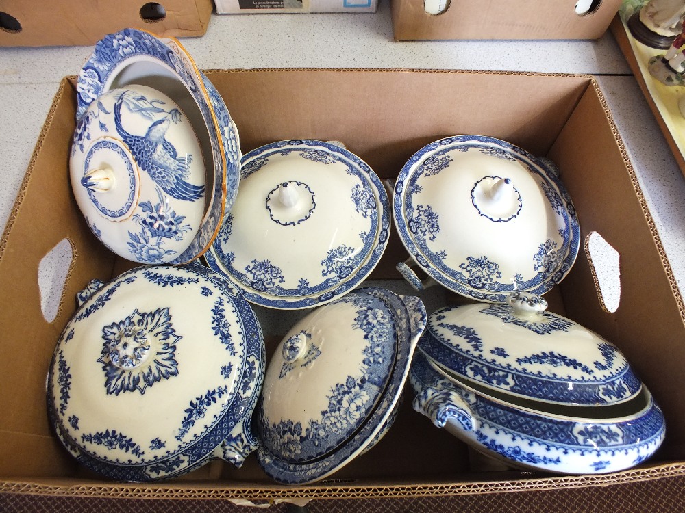 A quantity of Victorian and other blue and white china including Willow meat plates and various