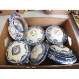 A quantity of Victorian and other blue and white china including Willow meat plates and various