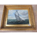 Oil on canvas of a sailing yacht, 12" x 16", indistinct monogram,