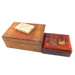 Victorian inlaid and Japanese lacquered boxes plus contents,