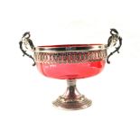 A cranberry glass bowl on Silver plated stand and swan neck mounts