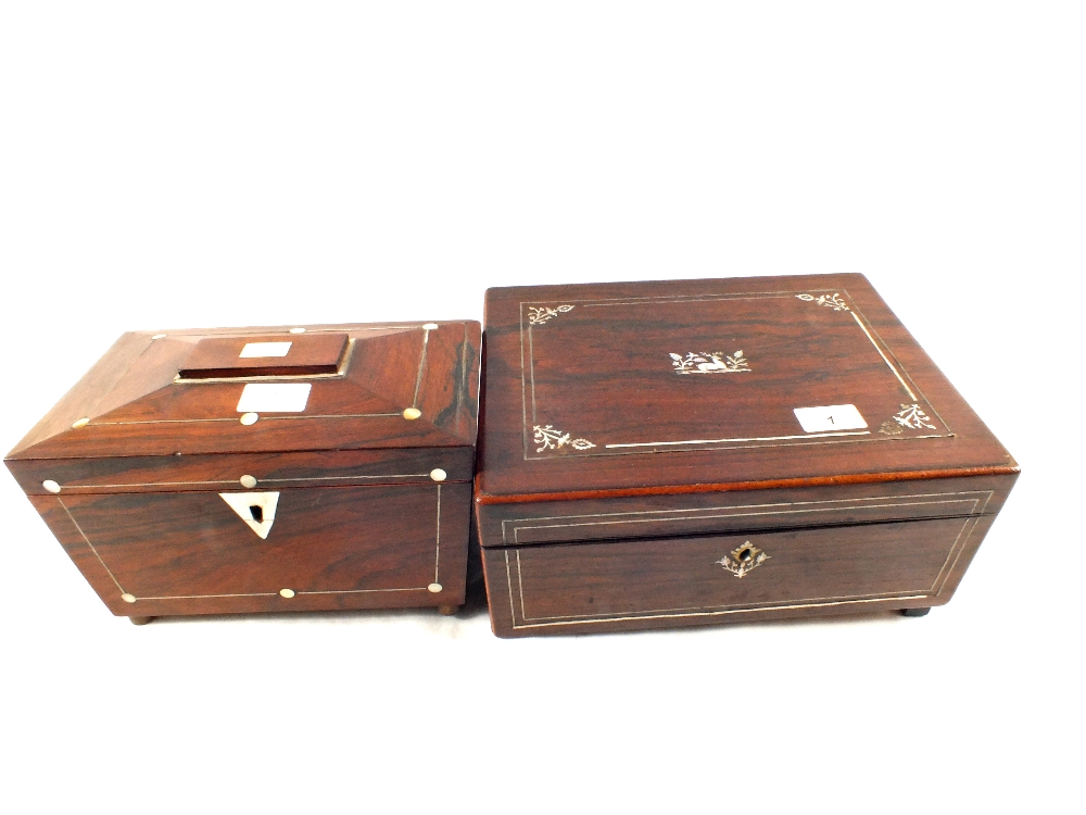 A 19th Century Rosewood and Mother of Pearl tea caddy plus a workbox with stag and floral inlays