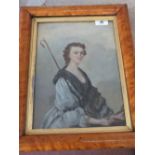 A maple framed oil on board, half length portrait of a shepherdess,