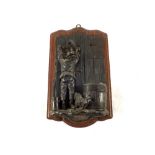 A French Bronze of a bill poster (taxe pour les chiens) with dog and barrel match holder on Oak