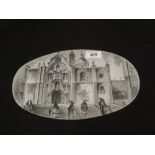 An oval metal panel painted in monochrome,