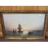 A gilt framed river scene print and other pictures including a Lady Godiva print