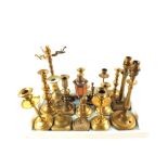 Various Victorian and other Brass candlesticks and lamps